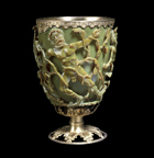 Photo of the Lycurgus Cup at the British Museum, lit from without