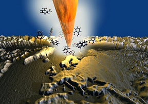 Rendered image of a nanoscale silicon tip chiseling a relief map of the world