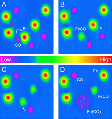 Image of molecular assembly fof an FeCO2 molecule, in four stages